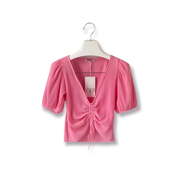 🌸New🌸 Zara Short Sleeve Crop Top Size Large & Medium Pink NWT - Picture 2 of 7